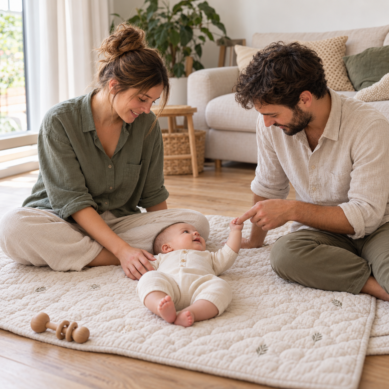 Eltern verbringen liebevolle Familienzeit mit ihrem Baby auf einer Spielmatte